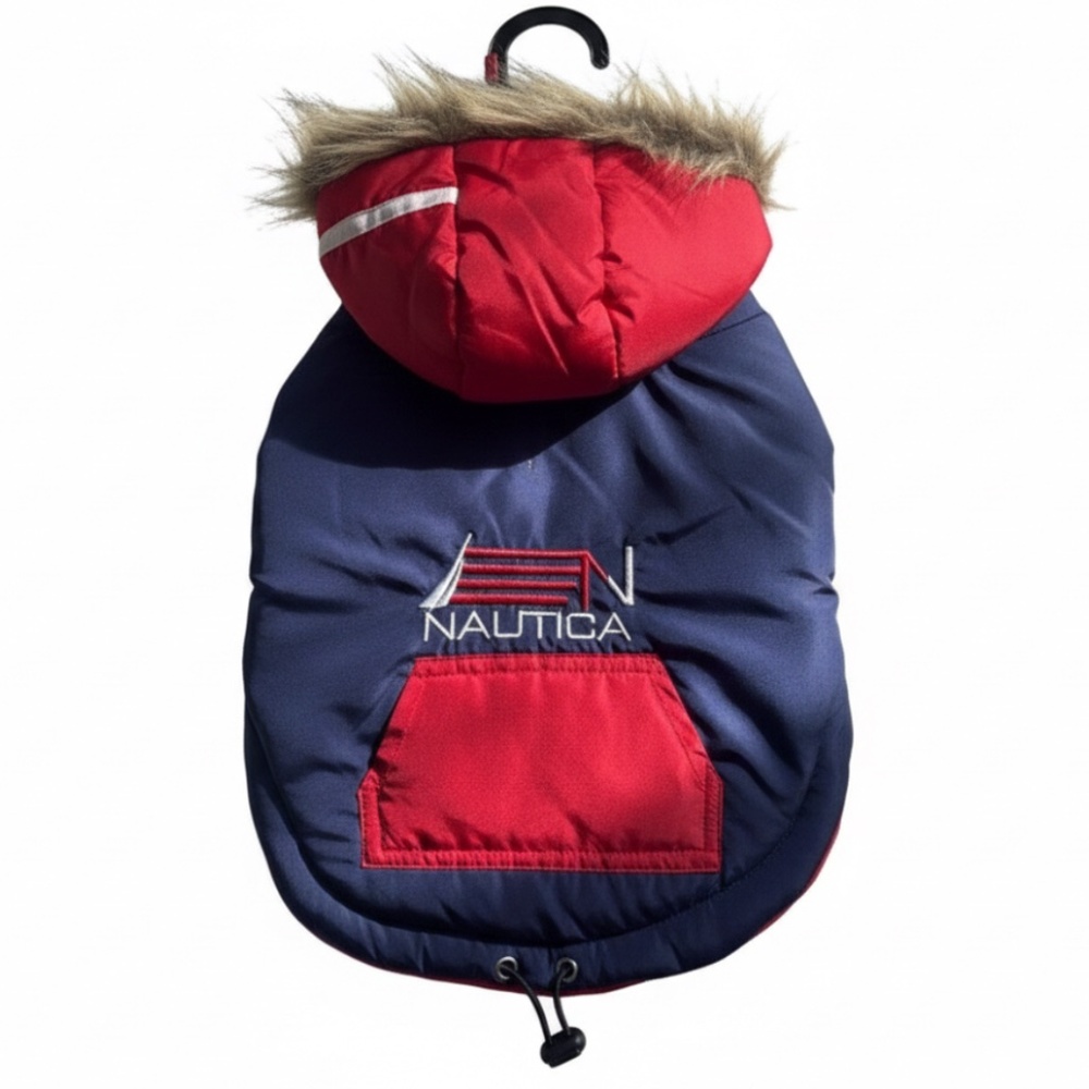 Nautica Dog Jacket NWT Small — Navy & Red Puffer Hood w/ Faux Fur
